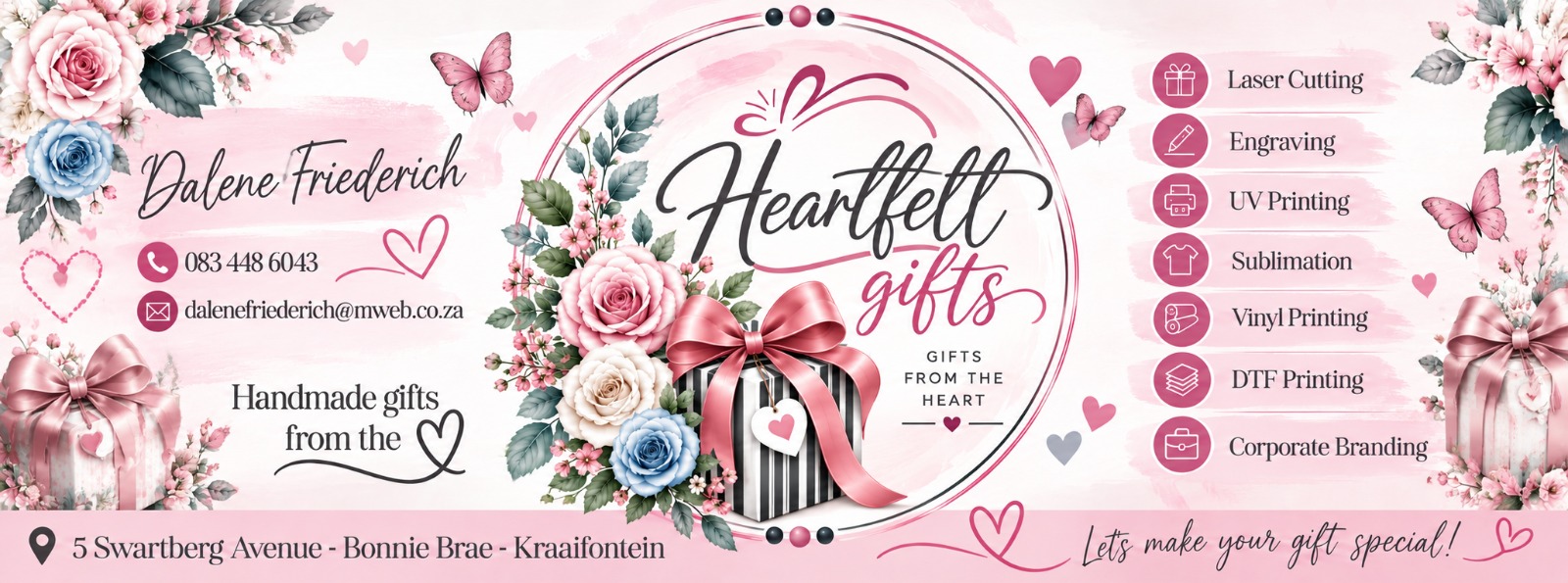 Heartfelt Gifts banner featuring handmade gifts, custom services and contact details
